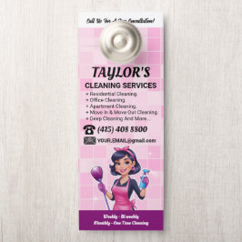 Pink Janitorial Lady House Cleaning Service ドアノブサイン