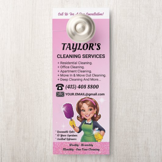 Pink Janitorial Lady House Cleaning Service ドアノブサイン (ノブ)