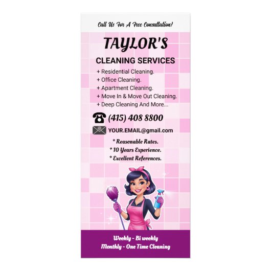 Pink Janitorial Lady House Cleaning Service ラックカード (正面)