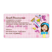 Pink Janitorial Woman Custom Cartoon Cleaning ラベル (正面)