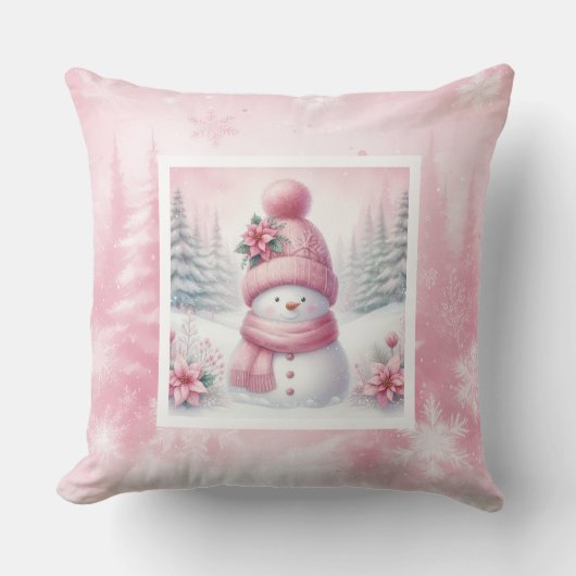 Pink Joy Snowman Cute Winter Scene Decor Pillow クッション (正面)