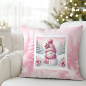 Pink Joy Snowman Cute Winter Scene Decor Pillow クッション