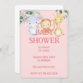 Pink jungle animals baby shower invitation 招待状 (正面/裏面)