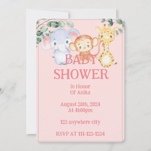 Pink jungle animals baby shower invitation 招待状 (正面)