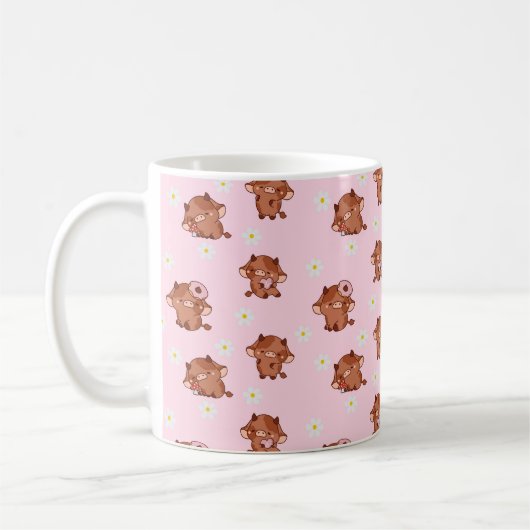 Pink Kawaii Highland Cows Seamless Pattern コーヒーマグカップ (左)