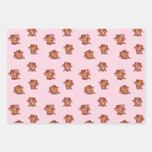 Pink Kawaii Highland Cows Seamless Pattern ラッピングペーパーシート (正面)