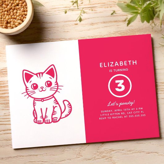 Pink kitten birthday party 招待状