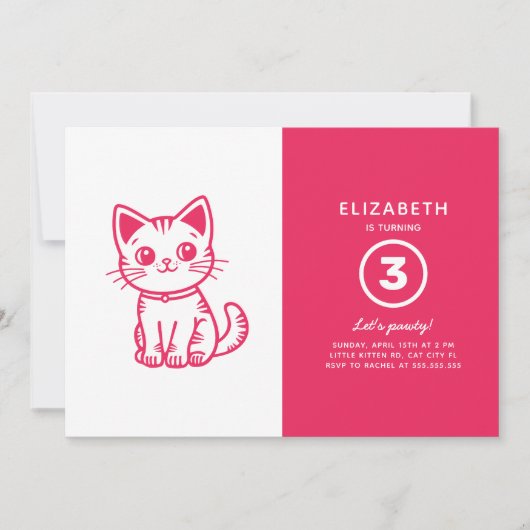 Pink kitten birthday party 招待状 (正面)