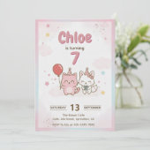 Pink Kitty Birthday Party for Girls Cute Kawaii 招待状 (スタンド正面)