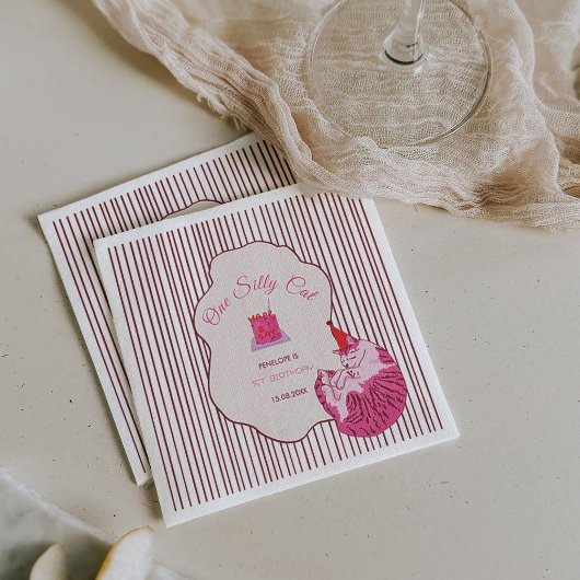 Pink Kitty Party One Silly Cat 1st Birthday スタンダードカクテルナプキン