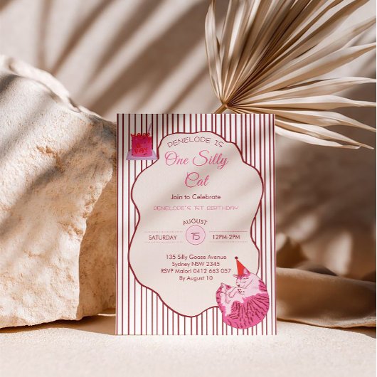 Pink Kitty Party One Silly Cat 1st Birthday 招待状