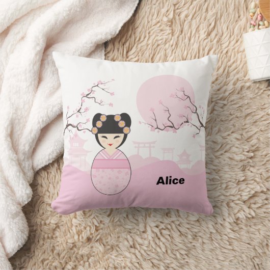 Pink Kokeshi Doll Typical Japanese Landscape クッション (ブランケット)