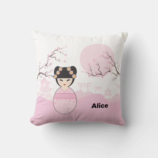 Pink Kokeshi Doll Typical Japanese Landscape クッション (正面)