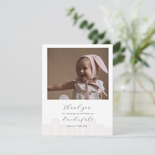 Pink Korean Dolの最初の誕生日の写真は感謝していあなた サンキューカード (スタンド正面)