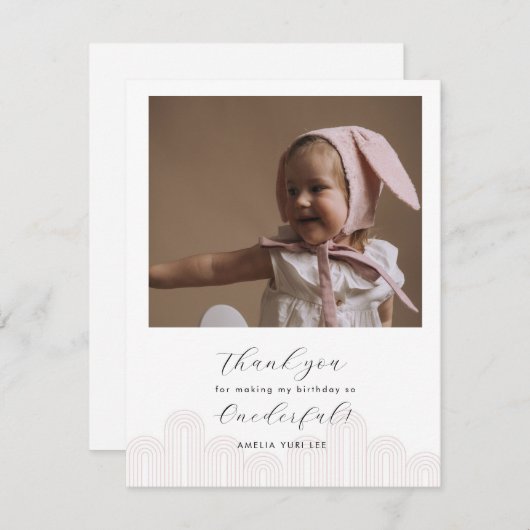 Pink Korean Dolの最初の誕生日の写真は感謝していあなた サンキューカード (正面/裏面)