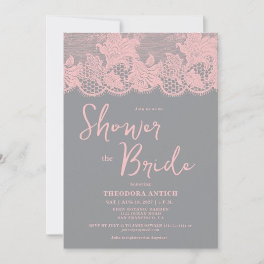 Pink Lace Grey Bridal Shower Invitation 招待状 (正面)