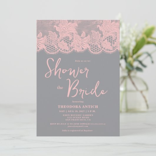Pink Lace Grey Bridal Shower Invitation 招待状 (スタンド正面)
