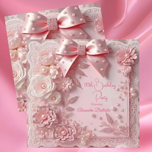 Pink Lace Pearls Floral Sweet Birthday Party 招待状
