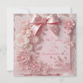 Pink Lace Pearls Floral Sweet Birthday Party 招待状 (正面)