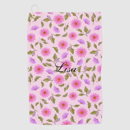 Pink Lacy Daisy Personalized Golf Towel ゴルフタオル (正面)