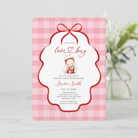 Pink ladybug Baby Shower Girl 招待状 (スタンド正面)