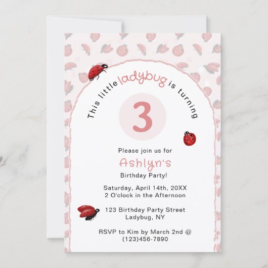 Pink Ladybug Girls Birthday  Invitation 招待状 (正面)