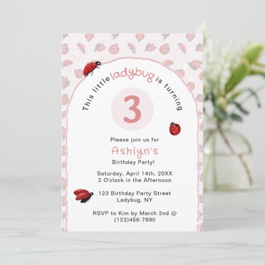 Pink Ladybug Girls Birthday  Invitation 招待状 (スタンド正面)