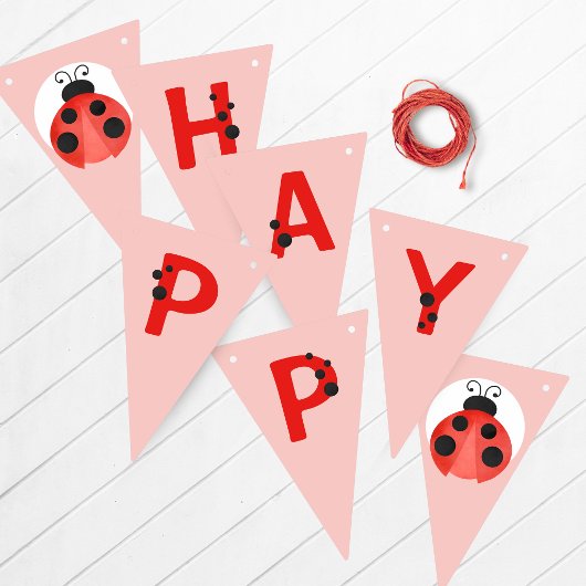 Pink Ladybug Happy Birthday Banner バンティングフラッグ