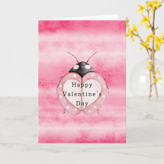Pink Ladybug Heart Valentine's Day カード (黄色い花)