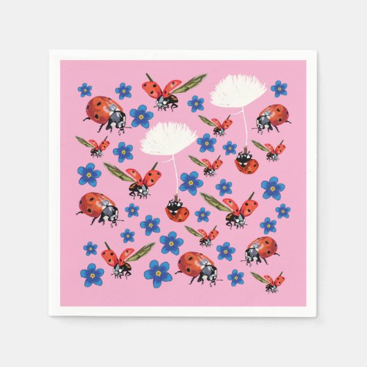 Pink Ladybugs Cute Spring Napkins スタンダードカクテルナプキン (正面)