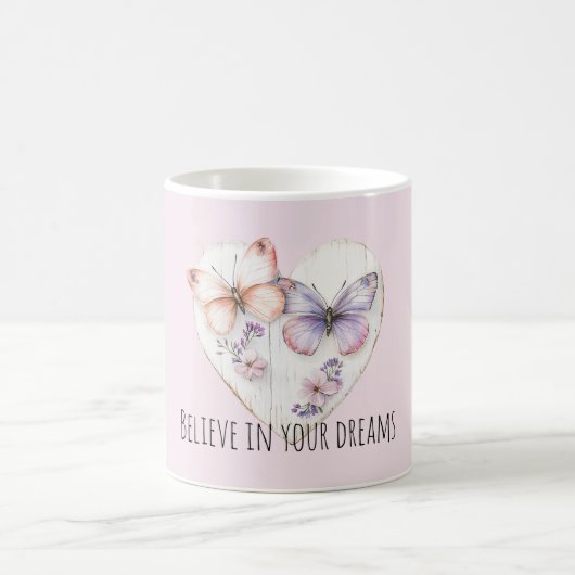 Pink Lavender Floral Heart Butterflies コーヒーマグカップ (中央)