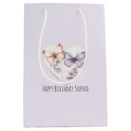 Pink Lavender Floral Heart Butterflies Birthday ミディアムペーパーバッグ