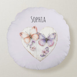 Pink Lavender Floral Heart Butterflies Birthday ラウンドクッション