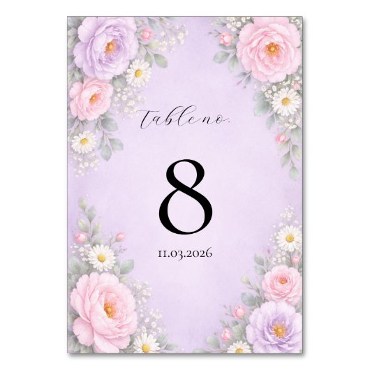 Pink Lavender Floral Table Number Cards  テーブルナンバー (正面)