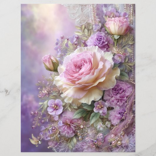 Pink Lavender Flowers Junk Journal Scrapbook Paper (正面)