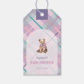 Pink & Lavender Plaid Teddy Bear Bow Baby Shower ギフトタグ (正面)