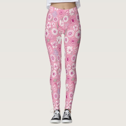 Pink leggings with white rose and daisy pattern レギンス (正面)