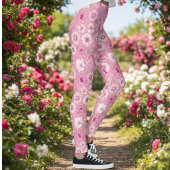Pink leggings with white rose and daisy pattern レギンス