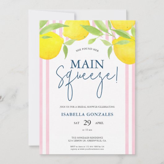 Pink Lemon Main Squeeze Bridal Shower 招待状 (正面)