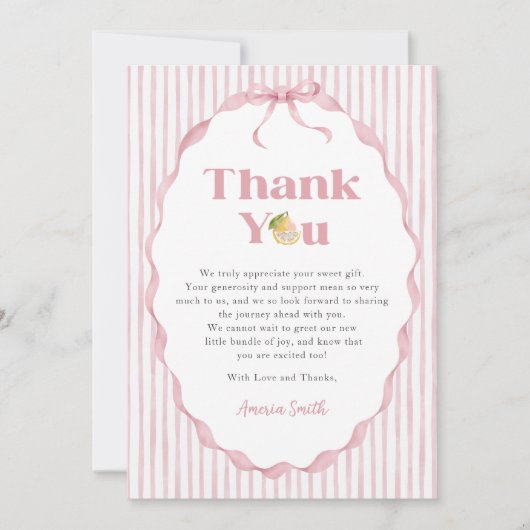 Pink Lemon Themes Baby Shower Thank You Card (正面)