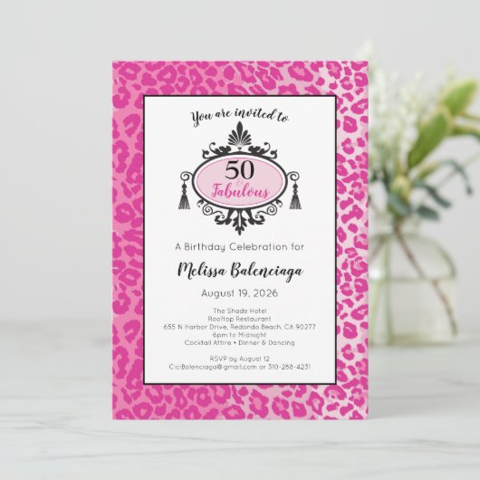 Pink Leopard 50 & Fabuous Happy 50誕生日 招待状 (スタンド正面)