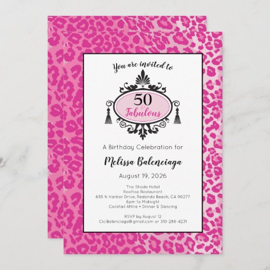 Pink Leopard 50 & Fabuous Happy 50誕生日 招待状 (正面/裏面)