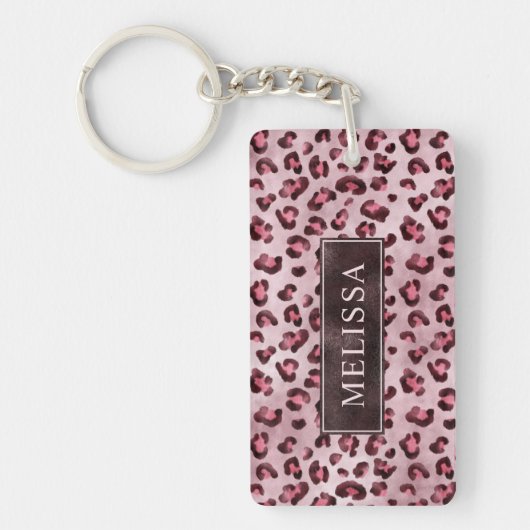 Pink Leopard Animal Print With Faux Foil And Name キーホルダー (正面)
