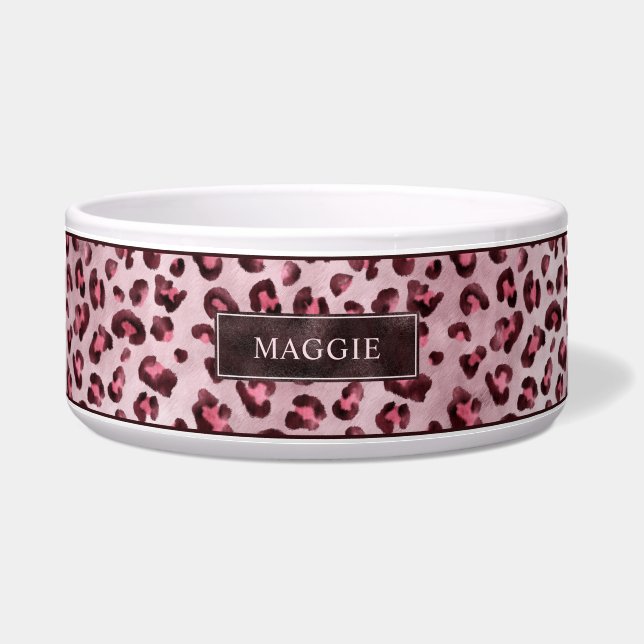 Pink Leopard Animal Print With Faux Foil And Name ボウル (正面)