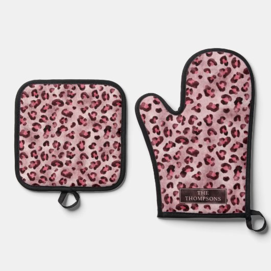 Pink Leopard Animal Print With Faux Foil And Name 鍋つかみ&鍋敷きセット (正面)