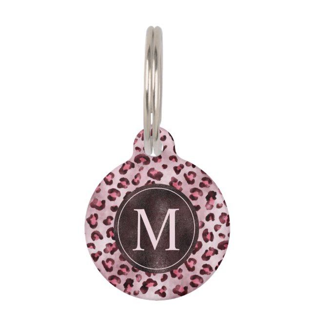 Pink Leopard Animal Print With Faux Foil Monogram ペット　ネームタグ (正面)