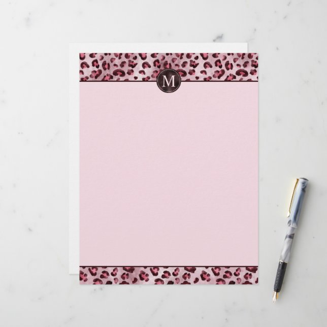 Pink Leopard Animal Print With Faux Foil Monogram レターヘッド (正面/裏面インサイチュ)