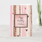 Pink Leopard Animal Stripes Hearts Blush Birthday カード (正面)