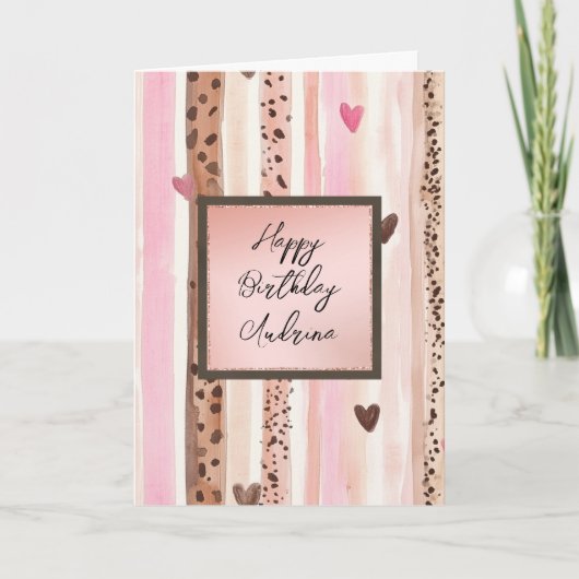 Pink Leopard Animal Stripes Hearts Blush Birthday カード (正面)
