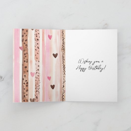 Pink Leopard Animal Stripes Hearts Blush Birthday カード (内部)
